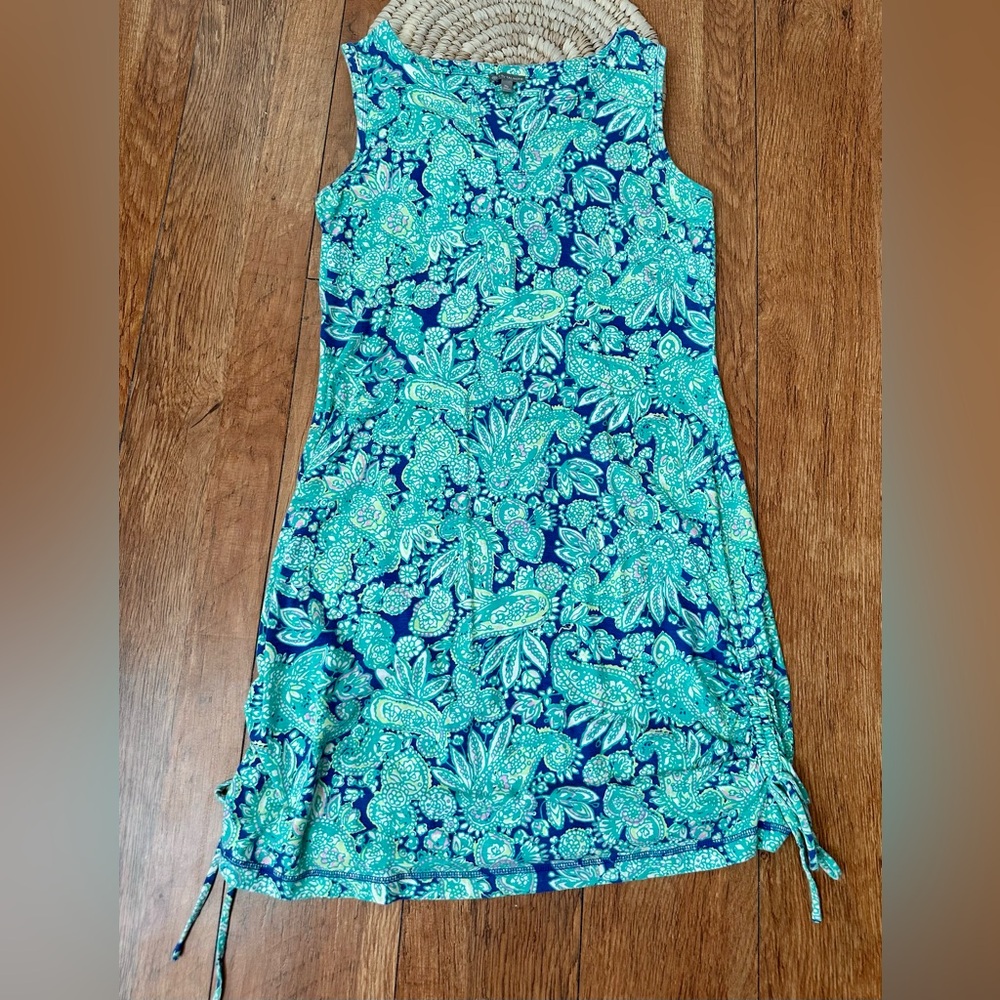 Talbots Tank Dress in Blue and Green Paisley with Cinched Side Hem